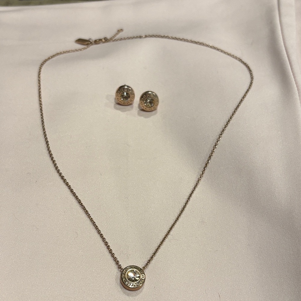 Coach Rose Gold-Tone Logo Disc Necklace with Matching Studs